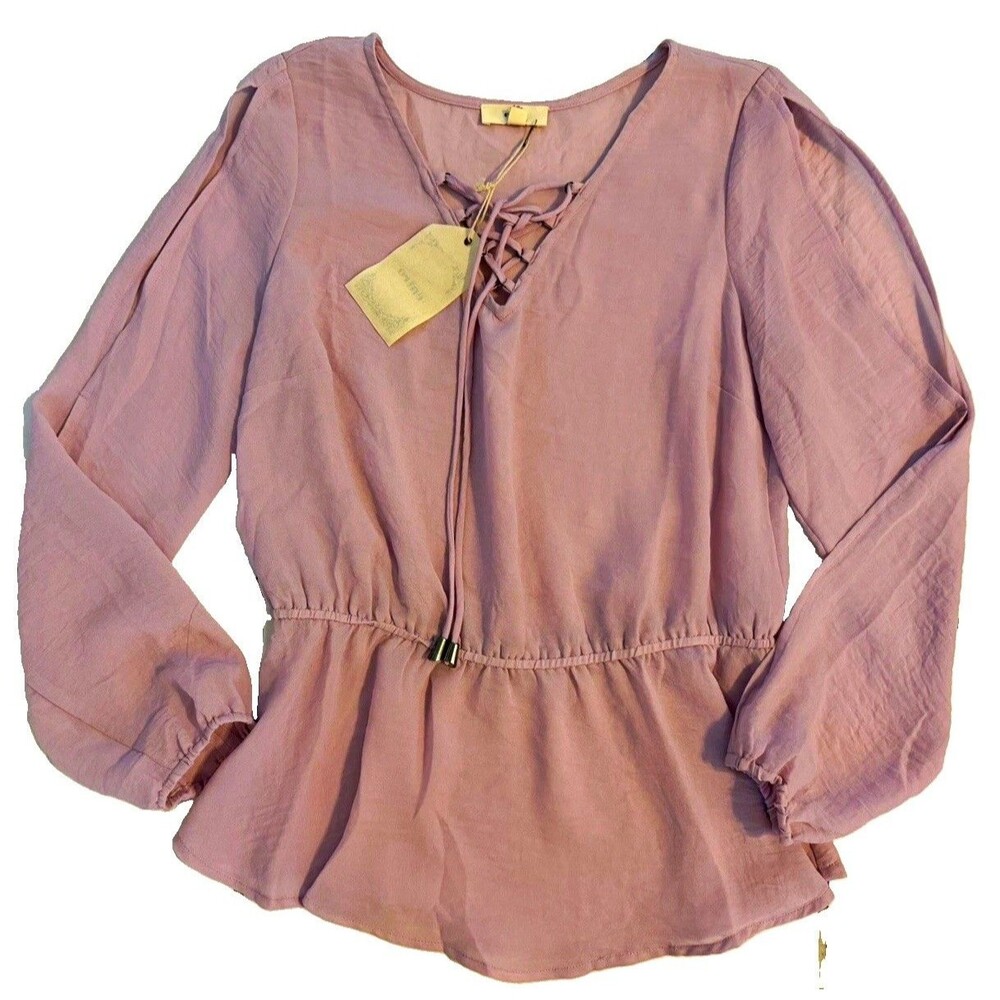 Entro Purple V-Neck Lace-Up Tie Peplum Blouse Puff Long Sleeve Women's S